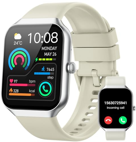 Smartwatch Herren Damen, 1.96 Fitnessuhr mit Telefonfunktion, Smart Watch Fitness Tracker SpO2 Pulsuhr Schlafmonitor Schrittzähler Uhr 113+ Sportmodi Sportuhr IP68 Wasserdicht für Android iOS Weiß