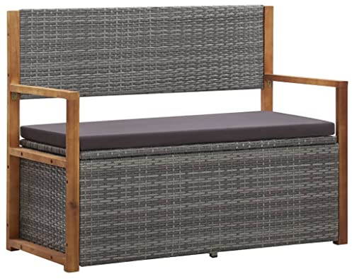 Mokuyary Banc de Rangement 115 cm Résine tressée Gris Patio | bois d'acacia Banquette de Extérieur, Coffre de Mobilier pour Amenagement, Terrasse, Veranda, Pergola, Balcon
