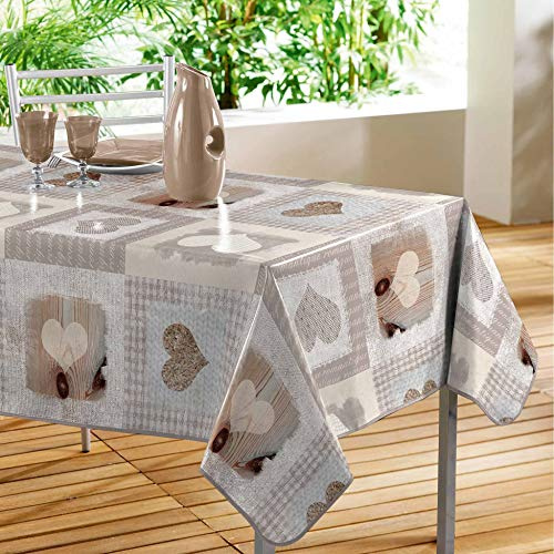 Douceur d'Intérieur, Nappe Rectangle (140 x 240 cm) Cosy Coeur Naturel, PVC Imprimé