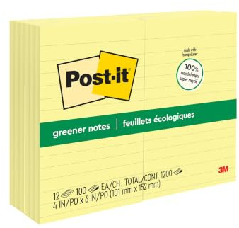 Post-it Haftnotizen recycelt groß liniert Block mit 100 Blatt 102 x 152 mm 12 Stück gelb
