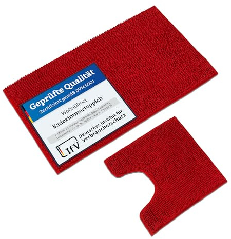 WohnDirect Badematten & Badteppiche Set 2 teilig Rot • WC Vorleger mit Ausschnitt 45x45cm + Badematte rutschfest 50x80cm • Badvorleger frottee waschbar • Badezimmerteppich ÖkoTex • Bath mat