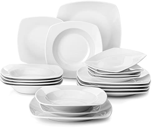 MALACASA JULIA Assiettes Service de Table pour 6 Personnes, Service de Vaisselle 18 Pièces en Porcelaine, Adapté au Lave-Vaisselle et au Micro-Ondes, Blanc