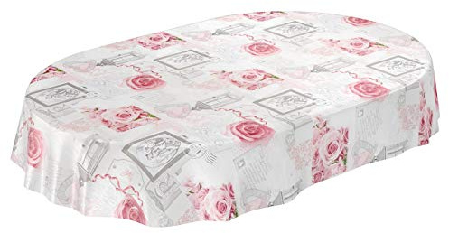 ANRO Mantel de Hule, Mantel Encerado, Lavable, Rosas rústicas, Color Gris, Ovalado, 140 x 180 cm