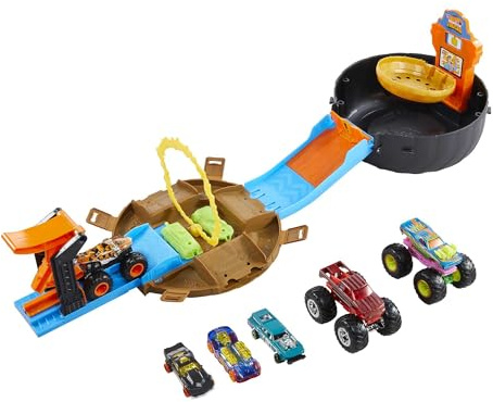 Hot Wheels Monster Trucks Rueda de Acrobacias Pista para Coches de Juguete, Incluye 3 vehículos Monster Trucks y 3, 4 años (HHY74)