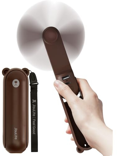 Ventilateur portatif JISULIFE avec batterie externe 4800 mAh, autonomie maximale de 46 heures, ventilateur de poche portable à piles ou ventilateur personnel pliable alimenté par USB-marron