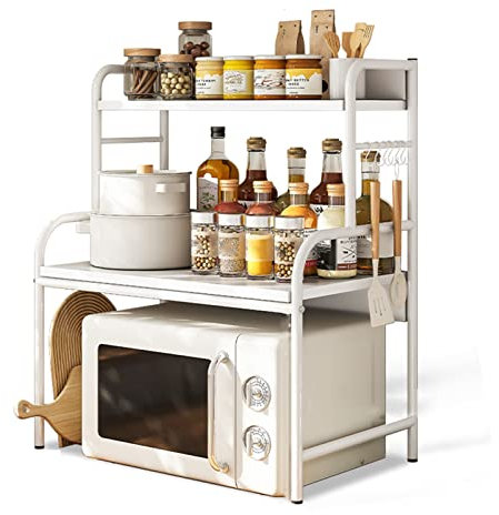 ZLL Microwave Oven Grill, Microwave Stand, Kitchen Countertop With 6 Hooks, Kitchen Storage Manager, White
