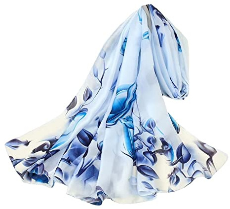 Silk Scarf Women Chiffon Blue Lotus Shawl Stain Neckerchief Long Head Wrap Lightweight Ladies Hijab Belt Vintage Bridal Shawl Chiffon Muslim Cloth floral Christmas Gifts