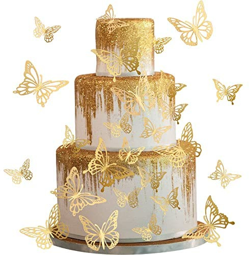 SYKYCTCY 40 Pack Gold Lively 3D Butterfly Cupcake Toppers Mixed Styles Hollow Butterfly Cupake Food Picks Decorations for Wedding Baby Shower Kids Birthday Party Wall Sticker Decoration Supplies