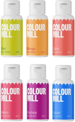 Colour Mill Oil Blend Lebensmittelfarbe auf Ölbasis Tropical - Lebensmittelfarben für Schokolade, Fondant, Cupcakes, Kuchen, Backen, Macaron - Kiwi, Mango, Koralle, Melone, Fuchsie, Kobalt - Set/6