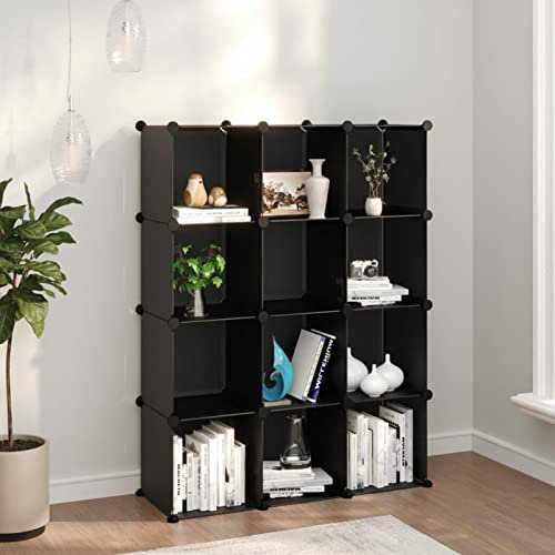 LAPOOH Regalsystem mit 12 Würfeln Schwarz PP, Vitrine, Raumteiler Regal, Steckregal, Regalsystem, Stufenregal, Bücherregal, Schrank Regal