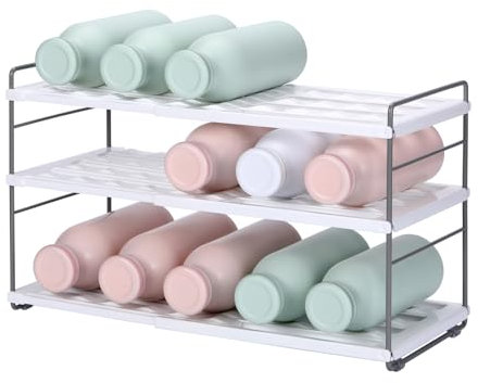 GINZER Water Bottle Organizer for Cabinet, Drink Storage for Pantry, Expandable Kitchen Organization, 3-Shelf Holder