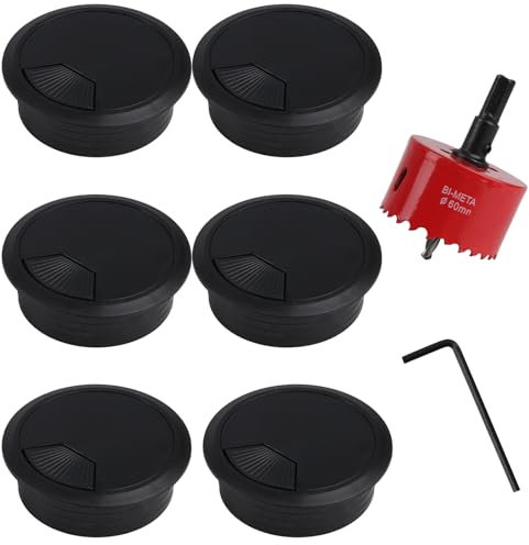 60mm Hole Saw Drill Bit & 6 Pcs Round Desk Cable Hole Cover, Black 60mm Desk Hole Covers, Plastic Desk Grommets, HSS Metal Hole Cutter, Plastic Desk Cord Computer Wire Cable Hole Cover Grommets