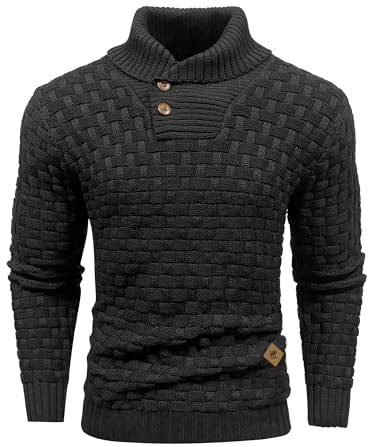 HYPESTFIT Mens Knitted Sweater Crew Neck Warm Long Sleeve Pullover Textured Ribbed Edge Top Black M