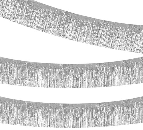 Lot de 3 Guirlandes de Franges Métalliques Brillantes, Guirlande Métallique à Suspendre au Mur, Décoration Flottante pour Mariage, Noël, Anniversaire, Cérémonie, Fête Prénatale, Couleur Argentée