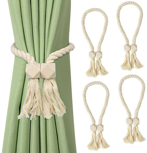 EAEVKPI 4 Pezzi Tiranti Magnetici per Tende, Supporto per Tende, Tiranti per Tende In Legno Boho, Cotone, Tessuto a Mano, Tiranti per Tende per La Decorazione di Tende di Casa e Ufficio (Beige, 62 cm)