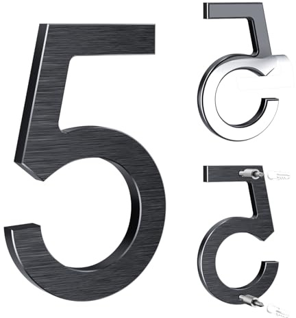 5 Inch Self Adhesive House Numbers, Address Numbers for House, Modern Metal Anti-Rust Weatherproof Home Number for House, Black Mailbox Numbers for Outdoor Garage Gate Office Apartments Room (5)