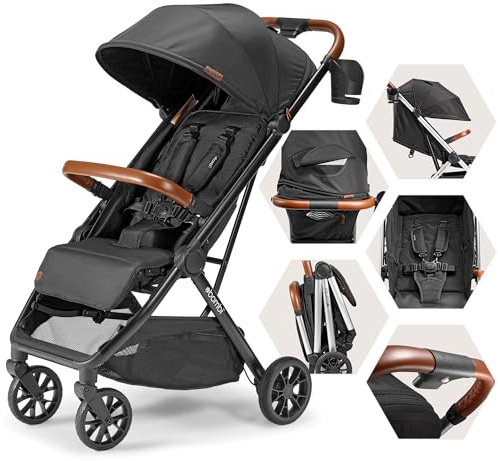 Bombi Bēbee V2 Lightweight Baby Stroller - Premium Vegan Leather, One-Hand Fold, Infinite Recline, Aircraft-Grade Aluminum Frame, XXL Canopy, and Ample Storage Umbrella Stroller - Hickory