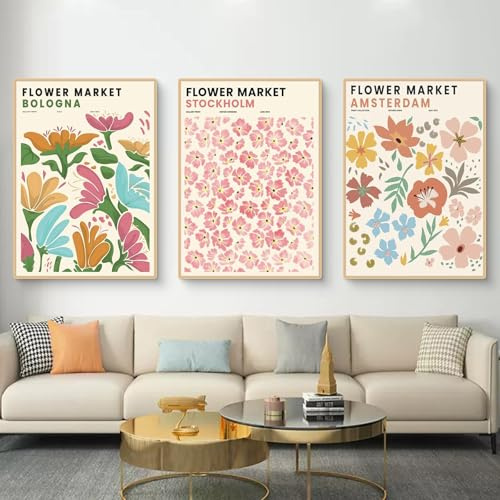 FLOWER MARKET 3 Poster Set Abstrakt Kunst Wandbilder, Modern Leinwand Bild Wandkunst, Wandposter Bilder Set, Deko Wandbilder Wohnzimmer Schlafzimmer, Ohne Rahmen (40x50cm)