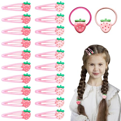 TRKETK 22 Piezas Pinzas para el Pelo de Fresa y Juego de Bandas de Goma Bonito Antideslizante Accesorios para el Pelo con Forma de Fruta Accesorios para Niños y Mujeres