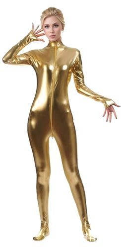 Darringls Combinaison intégrale - Costume - Une pièce - Combinaison de sport - Combinaison de sport - Combinaison métallique - Col montant - Manches longues - Combinaison Zentai, or, L