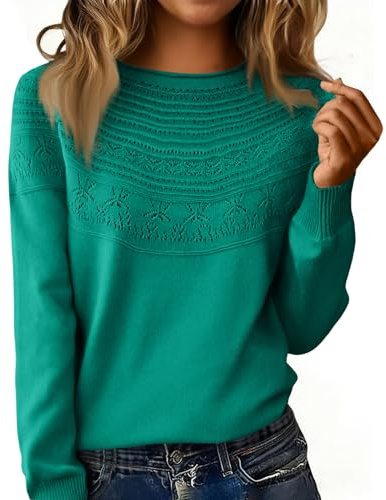 Generisch Maglione da donna con scollo rotondo, con chic, maglia forata, maglione invernale a maglia, slim fit, maglione a maniche lunghe, caldo per il tempo libero, 01-verde, XL