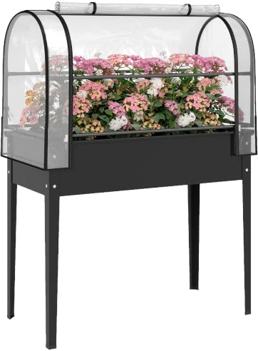 Outsunny Raised Planter Raised Garden Bed, Flip-Up Cover on Legs Black | Metal, Drainage Hole, Gloves, Outdoor Elevated Garden Planter, Vegetables Herbs Flowers
