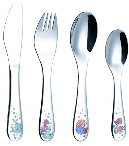 Exzact Couverts pour Enfants 4 Pièces en INOX/Acier Inoxydable -1 x Fourchette 1 x Couteau 1 x Grande Cuillère 1 x Petite Cuillère - Adorables Créatures De Mer, Poli Miroir (WF712-4SEA)