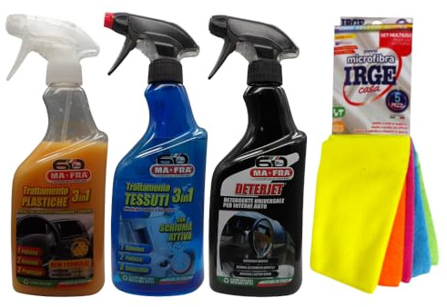 YESHI Ma-fra Kit Trattamento Auto Interno ed Esterno: Trattamento 3in1 Tessuti - Trattamento 3in1 Plastica - Deterjet Detergente Universale per Interni - 7 Panni Microfibra 30x35 cm
