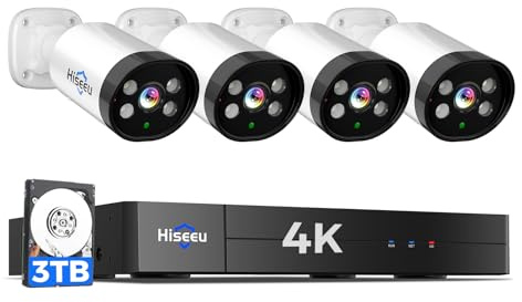 Hiseeu 4K Wired Security Camera System Outdoor with Audio,Smart Dual Light,AI Human/Vehicle Detection,3TB HDD,4K Surveillance DVR Kit 8CH,4X8MP Home CCTV Cameras,Smart Playback,100ft Night Vision