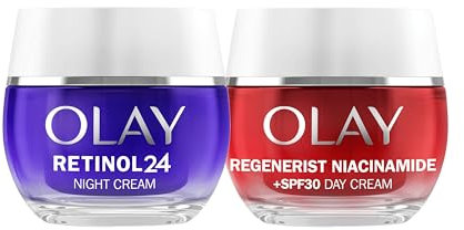Olay Retinol24 Crema De Noche 50ML Y Olay Niacinamida + SPF30 Crema Hidratante De Día 50ML. Pack De 2 Cremas Antiarrugas. Piel Más Joven Y Radiante