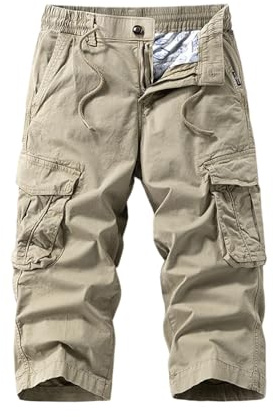 Generisch Kurze Hose Männer, 3/4 Herren Sommer Kurz Cargohose Freizeitshorts Männer Sport Dreiviertel Hosen Mit Multi Taschen Stretch Fahrrad Trekking Cargo Shorts (L, Khaki)
