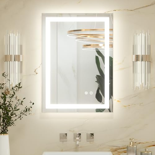 Keonjinn 50x70cm Bathroom Mirror with Led Lights, Antifog Vanity Mirror Back and Frontlit 3 Colour Dimmable Illuminated Wall Mounted Rectangle Mirrors