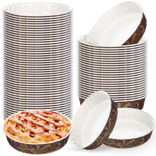 Ferrochef 50 Pcs Paper Cake Baking Mold Pans 6 x 1.4 Inch Retro Round Disposable Pie Pans Heat Resistant Shallow Paper Cake Bakeware Cups for Muffins Pies Quiche, Microwave Oven and Freezer Safe