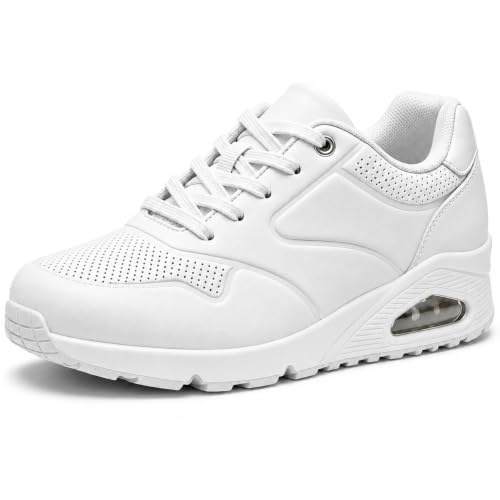 JOMIX Zapatillas Mujer Casuales Caminar Zapatillas para Pasear Gruesas Cómodo Running Otoño Zapatos con Cordones Invierno PU Cuero (Whit,37)