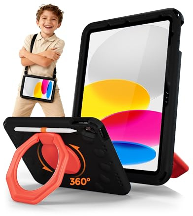 ProCase Coque Enfant Antichoc pour iPad 11 (A16)/10,9 10ème Génération/iPad Air 11 M4 M3/M2/Air 5ème/Air 4ème Génération, Housse EVA avec Support Rotatif, Bandoulière et Porte-Stylet -Noir