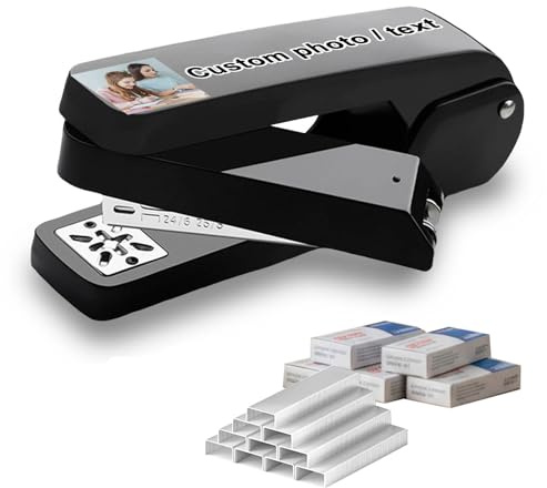 Engrapadora personalizada con 5 cajas de grapas, brazo largo con cabezal giratorio 360°, impresión UV personalizada para oficina, escuela, hogar, encuadernación de cuadernos (Negro)