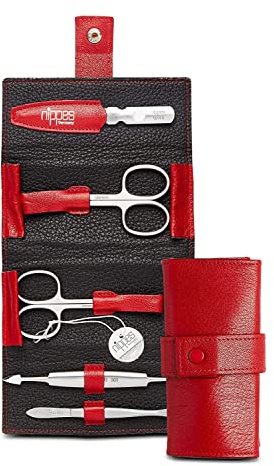 nippes Solingen Premium Line Maniküre Set Wild Red, 5-teilig, Edelstahl rost- und nickelfrei, Nagelpflege Set, Echtes Rindsleder-Etui, Maniküre Pediküre, Made in Germany | Rindsleder-Etui in Rot, handgenäht, Nagelpflege-Werkzeug, Druckknopfverschluss, handgefertigt, Geschenkset