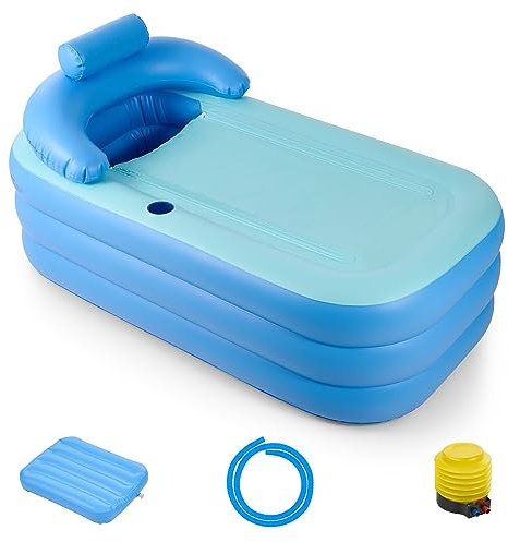 CO-Z Portable Tub, Foldable Bathtub for Adults & Kids, 94 L PVC Inflatable Tub with Detachable Cover Cup Holder Foot Pump, 125x50cm Large Outdoor Collapsible Bathtub for Families with 3 Air Chambers