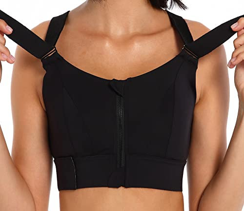 CLOUSPO Women Sports Bra Front Fastening High Impact Zip Front Post Surgery Running Yoga Zip Front Bras Crop Top with Adjustable Straps(M, Black)