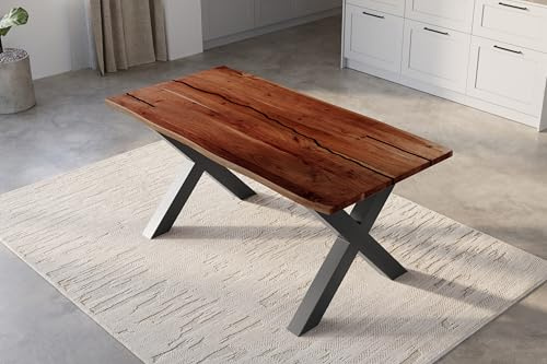 SAM Baumkantentisch 120 x 80 cm Polly, Epoxidharz-Adern in Schwarz, Akazienholz massiv + nussbaumfarben, Esstisch mit X-Eisengestell Schwarz, Tischplatte 26 mm, Esszimmertisch mit echter Baumkante