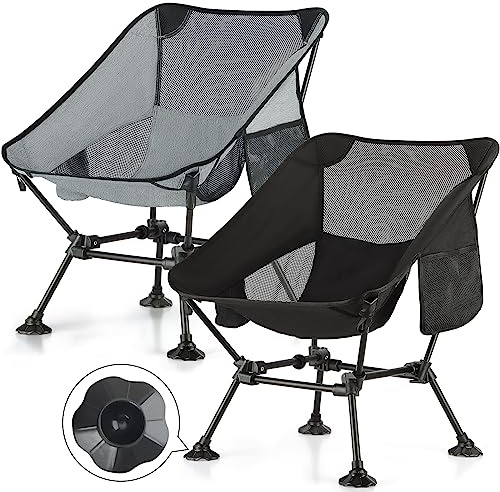 TEIVUL Camping Chairs Set - Lightweight Folding Chairs with Pocket and Cup Holder for Travel, Picnic, Hiking, Fishing - Black & Grey