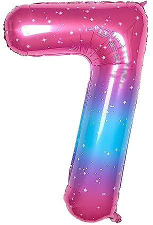 Ponmoo Foil Palloncini Numeri 7 Rosa-Blu Gradiente 40 (101cm), Gonfiabili Elio o Aria, Gigant Numero 0-9, 10-29, 30-100, Granda Palloncino per Anniversario, Decorazione Feste di Compleanno