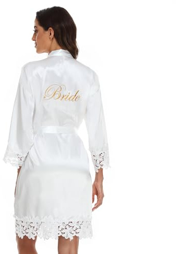 Teemie Dam brud badrock satin kimono morgonrock bröllop rock pyjamas kort sexig v-ringad siden nattkläder för kvinnor spets broderi rockar med bälte fest, Vit för brud, one size
