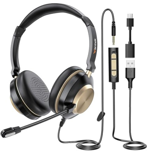 Wantek Cuffie USB con microfono per PC portatile, con cancellazione del rumore, regolabili, per ufficio e lavoro