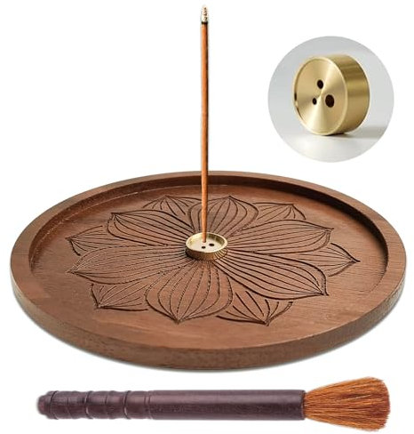 VINEST Lotus Räucherstäbchen Halter aus Holz, Zen Räucherstäbchenhalter mit Reinigungsbürste, Faden Incense Holder mit DREI Löchern, Räuchergefäß für Incense Sticks Meditation Yoga Heimdekoration