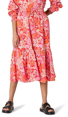 Amazon Essentials Jupe Mi-Longue Trapèze Étagée, Taille Mi-Haute, en Satin de Coton (Haut Vendu Séparément) Femme, Rouge Coquelicot Vif Multi Folk Floral, XS