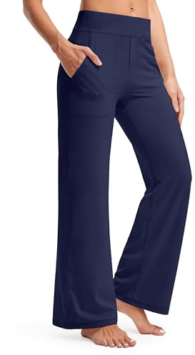 Timuspo Pantalon de yoga long pour femme - Taille haute avec poches - Pantalon de jogging - Jambe large - Pantalon de loisirs droit confortable - Contrôle du ventre - Pantalon d'entraînement