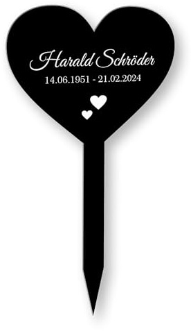 INDIGOS UG - Grabschmuck - 40 cm - Herz - wetterfester Gedenkpfahl als Grabstecker - Text und Datum - Schilder selbst gestalten mit Wunschname, Trauerspruch und Datum