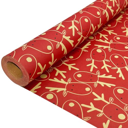 Rollo de papel de regalo navideño para regalo: papel de regalo rojo, papel Kraft con diseño festivo de alce, reciclable, 43 cm x 15 m.