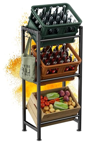 HFHOME Kompaktes Getränkeregal für 3 Getränkekisten, Metall Getränkekistenregal mit 4 Haken für Küche, Keller, Garage, Stabiles Kistenregal für Bier, Obst, Gemüse, Wasser, Tragfähigkeit 150KG/Schicht
